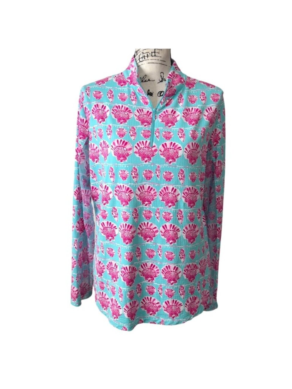 IBKUL Womens Size L Top 1/4 Zip Long Sleeve Aqua Pink Shell Beach Sun-Shirt UPF